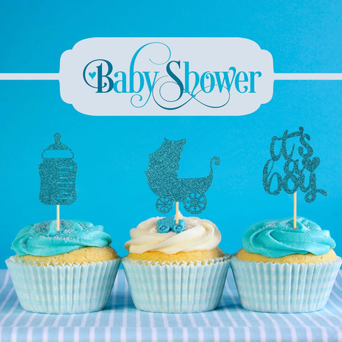 Boao 48 Pieces Glitter Cupcake Toppers for Baby Shower - It's a Boy Jumpsuit, Bodysuit, Carriage, Crown, Arrow Picks