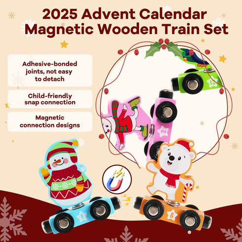 2025 Set, 24 Countdown Train Advent Calendar for Toddlers Kids - Magnetic Wooden Animal Train Gift Days Christmas