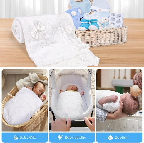 Runeaoys Communion Baptism Christening Easter First Gifts for Girls Boys Baby Blanket White Lace Knitted Crochet Towel