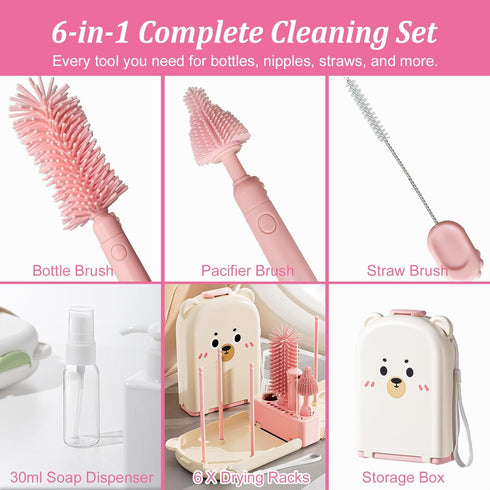 6-in-1 Set Pink Travel Baby Bottle Cleaner Kit Portable Brush with Drying Rack & Storage Case | Baby Travel Essentials