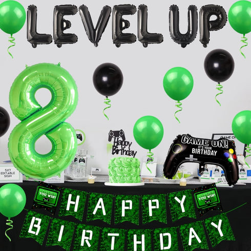 8th Birthday Decorations for Boys, Video Game Level Up Party Decorations Green Black Balloons level Up 8 Game Controller Balloon Happy Birthday Banner for Gaming on Birthday Party Supplies