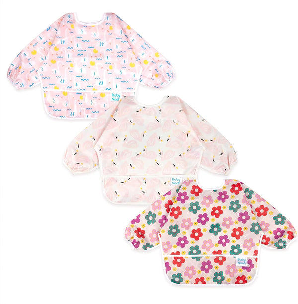 3 Pcs Long Sleeved Baby Bib Set | Waterproof Bibs with Pocket Bundle | Toddler Smock Bib 6-24 Months