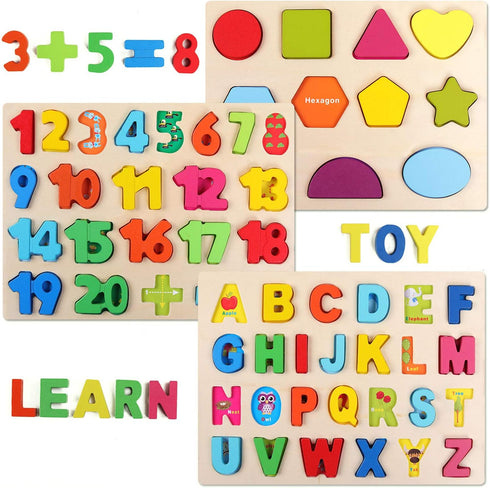 QZMTOY Wooden Puzzles for Toddlers – Alphabet Number Shape Puzzles – 3 in 1 Learning Puzzle Toys for Age 3+
