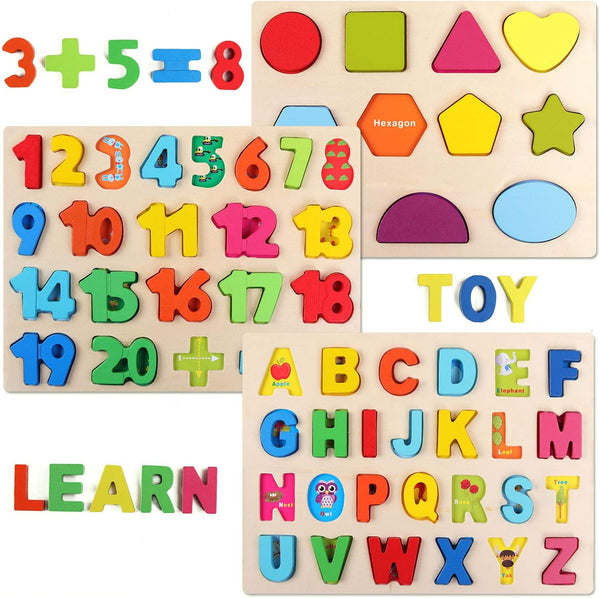 QZMTOY Wooden Puzzles for Toddlers – Alphabet Number Shape Puzzles – 3 in 1 Learning Puzzle Toys for Age 3+