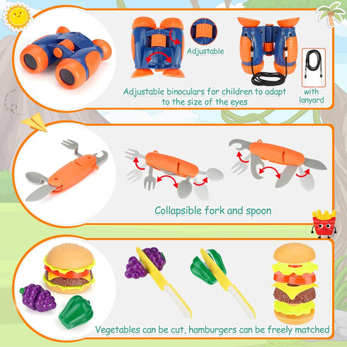Kids Camping Toys Set, Pretend Play Campfire and Cutting Food for Indoor Outdoor Camping