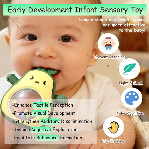 Baby Rattle Teething Toys Silicone Avocado Teething Mitten Sensory Toys for Grasping Chewing Sucking Hearing Needs-Baby