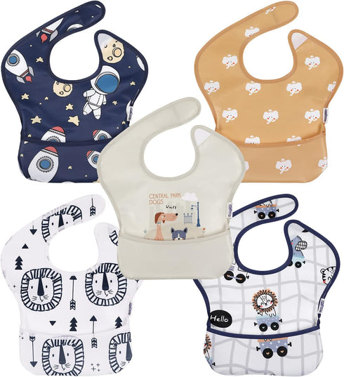 Soarwg Kids Bibs - Waterproof Baby Bibs for Boys and Girls, Great Travel Feeding Bibs, 5 Pack