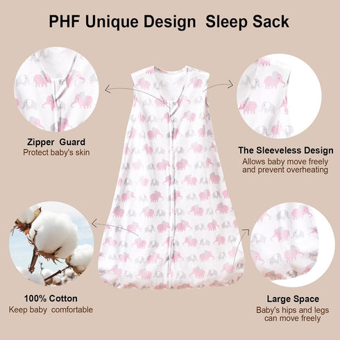 PHF 100% Cotton Baby Sleep Sack, 0-6 Months Baby Wearable Blanket, 2-Way Zipper Infant Sleeping Sack for Baby Boys Girls, 2 Pack Comfy Small Size Sleeveless Sleeping Bags, Rainbow & Pink Elephant