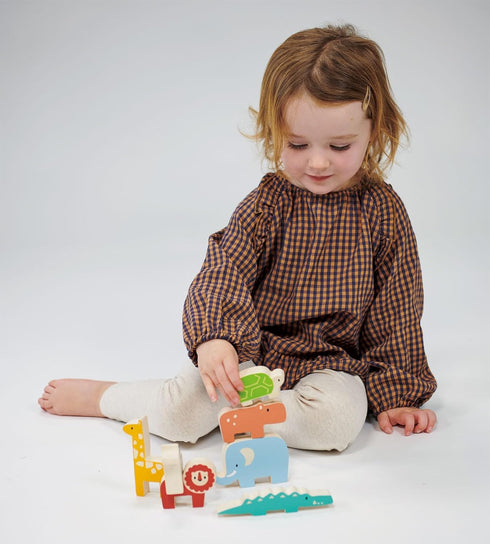 Happy Stacking Safari – 7pc Wooden Stacking Toy for Toddlers – Colorful Balancing Activity Toy with Bag