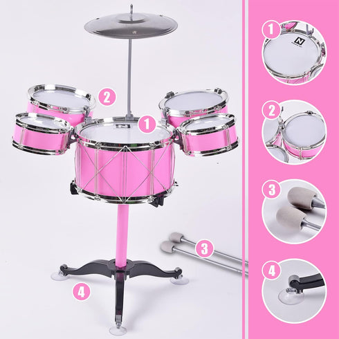 Kids Drum Toy Set Rock Jazz Drum (Pink) - Suitable for Children Aged 3-6
