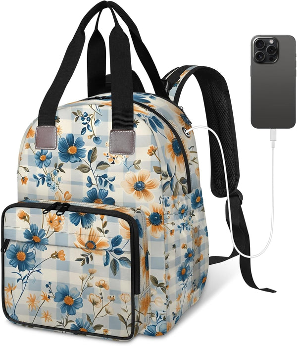 Shoblo Checkered Background Flowers Diaper Bag Backpack for Travel, Waterproof Diaper Bag with
