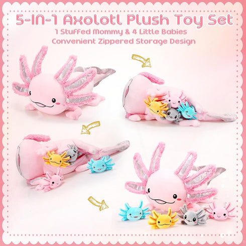 5 Set 24 Inch Mommy 4 Aoriher Pcs Axolotl Plush Axolotl Stuffed Animal with Cute Plush Babies in Belly Soft Cuddly