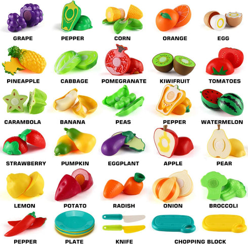 70 PCS Cutting Play Food Toy for Kids Kitchen, Pretend Fruit &Vegetables Accessories with Shopping Storage Basket