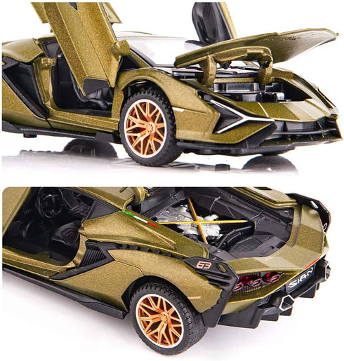 BDTCTK Lambo Sian FKP37 Car Model Toy, 1:32 Child Sound and Light Pull Back Car, Army Green Zinc Alloy Casting
