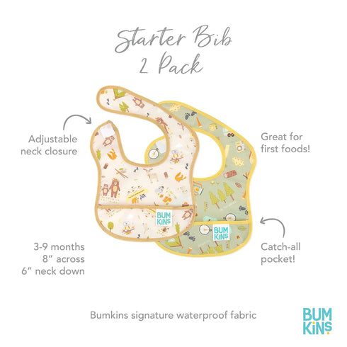 Bumkins Bibs for Baby Girl or Boy, Infant 3-9 Months, Waterproof Soft Fabric Starter Bib 2-pk Camp Gear