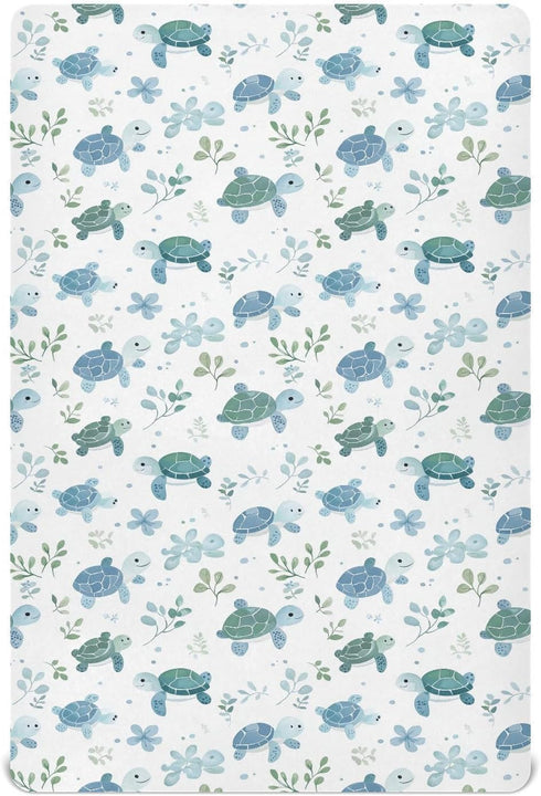 Vdsrup Crib Sheets for Boys Girl Turtles Neutral Mini Crib Mattress Sheets Fitted,
