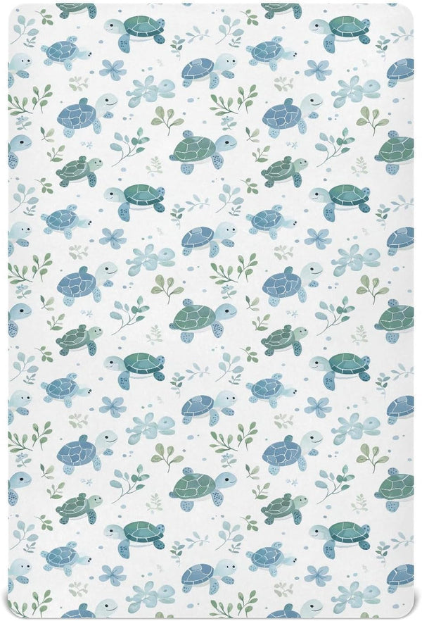 Vdsrup Crib Sheets for Boys Girl Turtles Neutral Mini Crib Mattress Sheets Fitted,