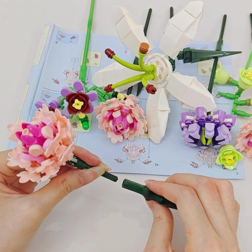 Flower Bouquet Building Set for Adults - Artificial Flowers with Lily and Carnation - 514 Pcs Romantic Gifts