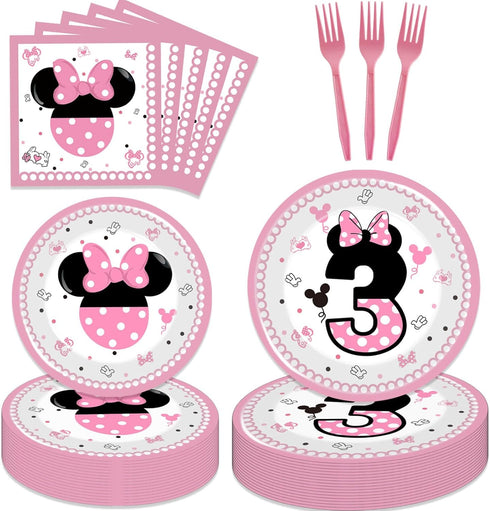 80 Pcs Pink Minnie 3rd Birthday Party Tableware - Wild Three Paper Plates, Napkins, Forks for Girls' Birthday