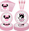 80 Pcs Pink Minnie 3rd Birthday Party Tableware - Wild Three Paper Plates, Napkins, Forks for Girls' Birthday