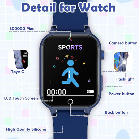 Kids Smart Watch with 26 Puzzle Games, Touch Screen, HD Camera, Alarm Clock, Birthday Gift for Ages 4-12 (Blue)