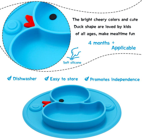 Baby Divided Plate Silicone - Portable Non Slip Feeding Plate with Suction Cup for Kids, BPA Free (Duck-Blue)