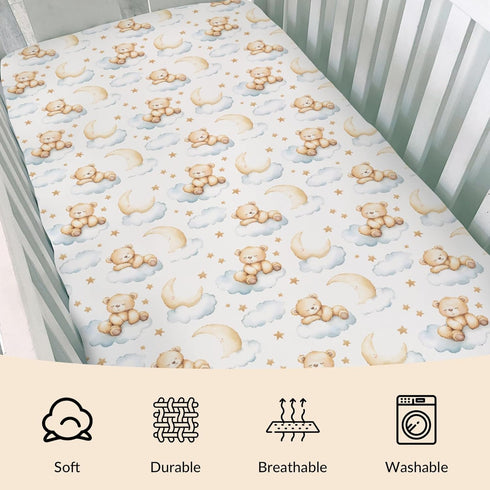 Pynnlts 52x28in Cartoon Bear Baby Crib Sheets Fitted Crib Sheet for Boys Girls Cute Bear Moon Stars Clouds Baby Sheet