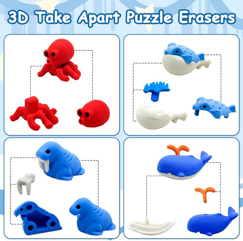 40 pcs Sea Animal Erasers for Kids, 3D Take Apart Pencil Erasers for Classroom Prizes and Party Favors