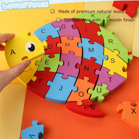 LovesTown Goldfish Wooden Puzzle - 26PCS Jigsaw Puzzle Alphabet and Number Building Blocks for Kids