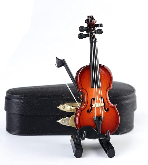 Wooden Miniature Violin with Stand, Bow, and Case, Collectible Musical Instrument Replica, 3.15"x1.18"x0.59"