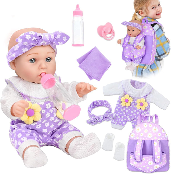 12" Flower Pattern Baby Doll With Backpack Carrier Can Store Clothes and