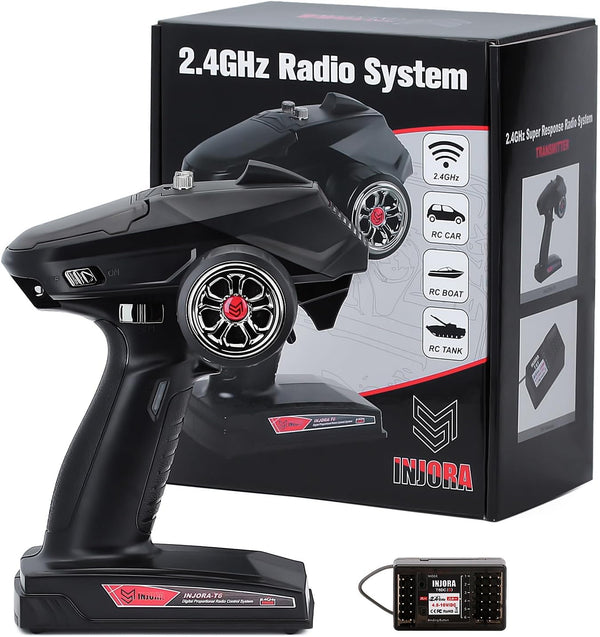 INJORA RC Transmitter 2.4GHz 6CH Controller and Receiver for 1/8 1/10 RC Car Boat Tanks Crawler TRX4 SCX10 Upgrade Parts