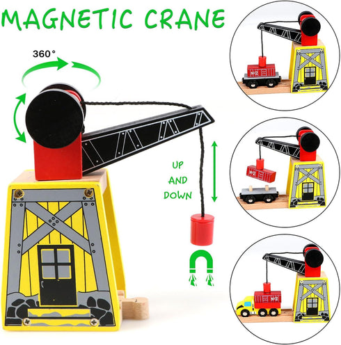 Set 39 5 3,4,5 Set Qilay Wooden Train for Toddler - Pcs Wood Train Tracks with Crane, Bridge & Wooden Trains - Train