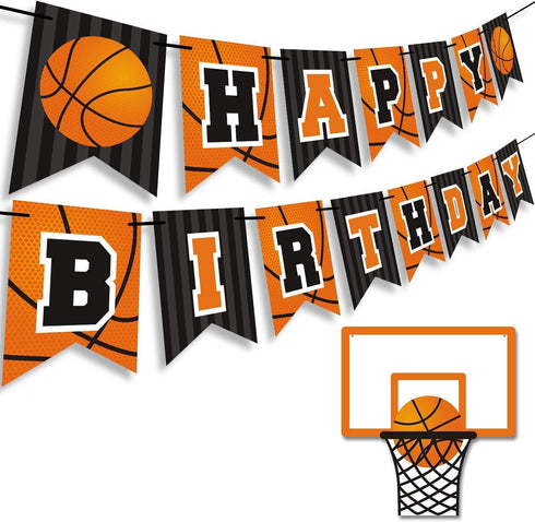 Basketball Happy Birthday Banner, Slam Dunk Party Decoration Supplies for Kids Teenagers B-day Photo Prop