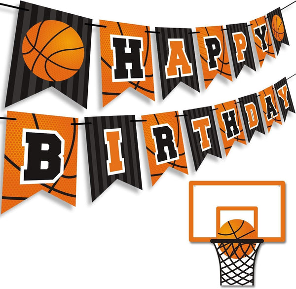 Basketball Happy Birthday Banner, Slam Dunk Party Decoration Supplies for Kids Teenagers B-day Photo Prop