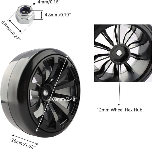 4PCS 12mm Hub Wheels, 1:10 63mm Hard Plastic RC Drift Cars Bald Tires for Traxxas HSP Tamiya HPI Kyosho Trucks
