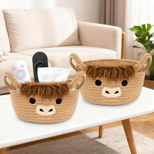 Set 2PCS Pack 2 Small Highland Cow Basket for Nursery, Woven Cotton Rope Storage Cow Basket, Cute Baby Blanket Gift