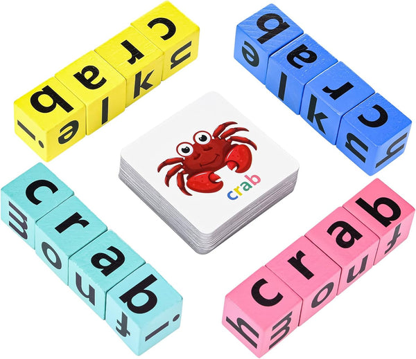 Wooden Blocks Spelling Game, Alphabet Puzzles Blocks, Montessori Learning Toy for Kids Ages