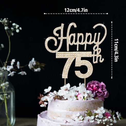 LINGTEER Happy 75th Birthday Gold Rhinestone Cake Topper - Cheers to 75 Years Old Anniversary Party Decorations