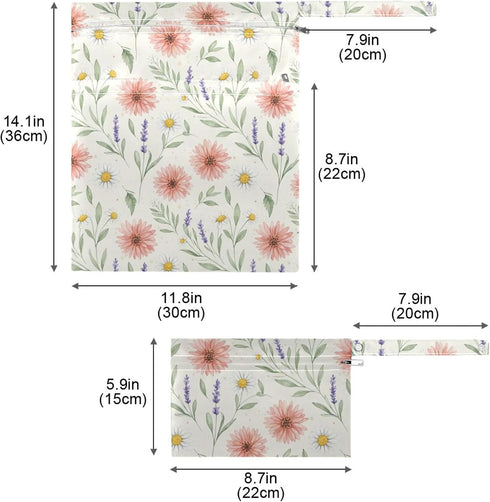 Burbuja 2 Pack, 2 Wildflowers Wet Dry Bags for Baby Cloth Diaper Waterproof Reusable Wet Bag with Zippered Pockets