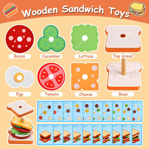 3 4 5 Wooden Sandwich Stacking Toys, Montessori Toys for Toddlers Kitchen Play Food Educational Preschool Learning Toys