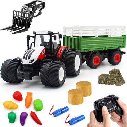 fisca Remote Control Tractor Toy RC Farm Set with Trailer Front Forklift,