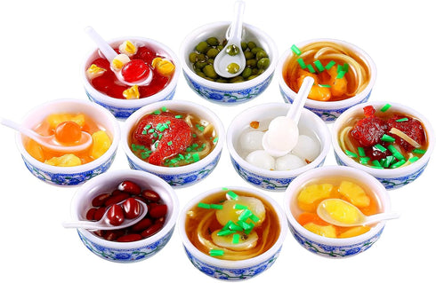 10 Pieces Mini Toy Food Miniatures Chinese Play Food Blue and White Pottery Sweet Soup Syrup Noodle Bowls for Kitchen