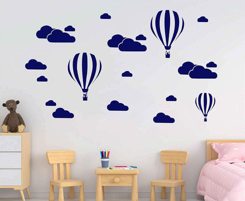 Giant Removable Vinyl 3D Hot Air Balloons with Clouds Wall Decals for Kids Bedroom Decor (White, Navy Blue)