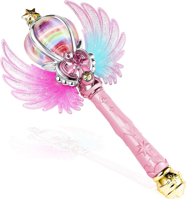 Light Up Snowflake Wand - Spinning LEDs and Sound Magic Princess Toy for Kids, Birthday Cosplay Party Favors, Pink