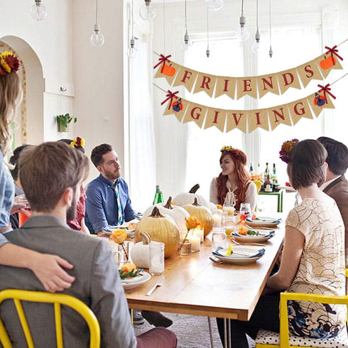 Friendsgiving Banner Burlap, Thanksgiving Decorations, Rustic Turkey Pumpkin Bunting for Party Supplies and Decor
