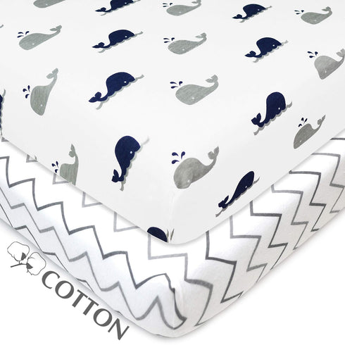 American Baby Company 2 Pack 100% Natural Cotton Fitted Pack and Play Sheets, 39" x 27", Navy Whale/Grey Zigzag