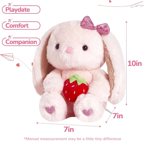 10" Plush Bunny Rabbit Stuffed Animal Pink Easter Floppy Ear Bunny Plush Rabbit with Strawberry Fluffy Soft Plushie Toy Gifts for Kids Girls Boys