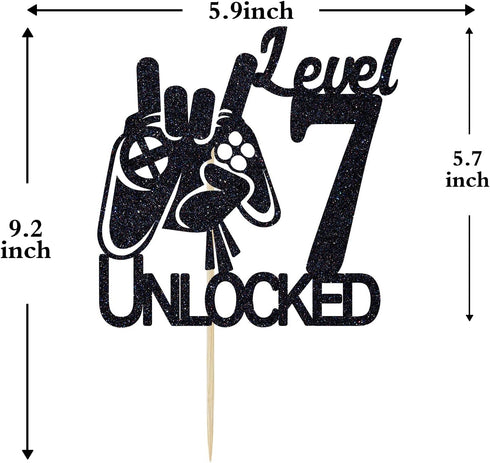 Video Game Level 7 Unlocked Birthday Cake Topper, Black Glitter, Boys 7th Birthday Cake Decorations