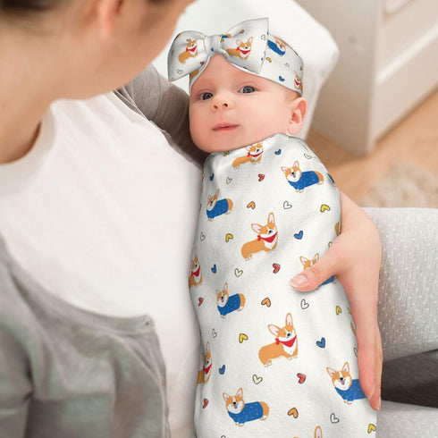 Broiteid Set,Baby Dog Corgi Baby Stuff Newborn Swaddle Blanket with Beanie Hat and Headband Swaddle Blanket Gifts